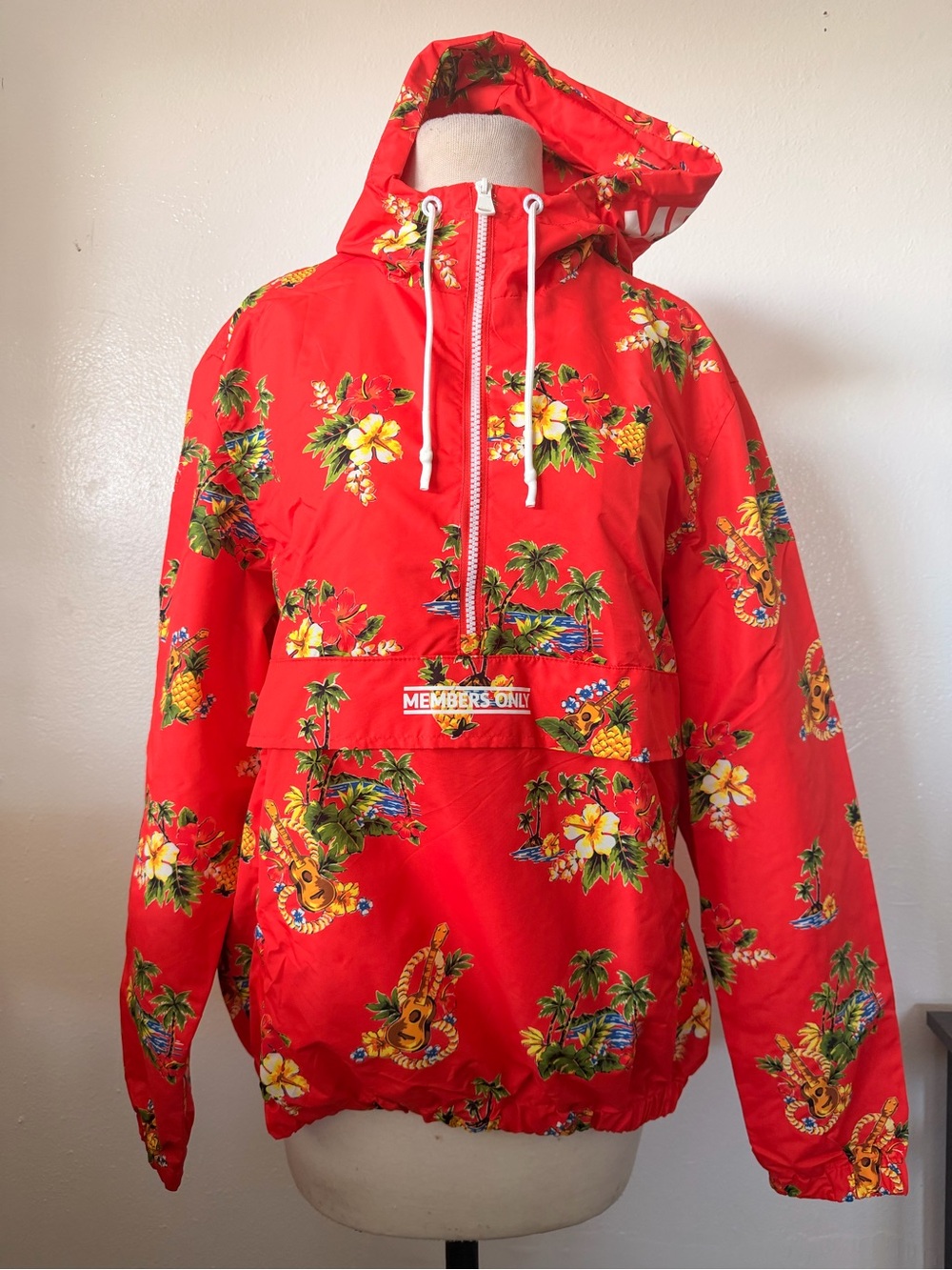 Members Only Red Tropical Print Hooded Rain Jacket